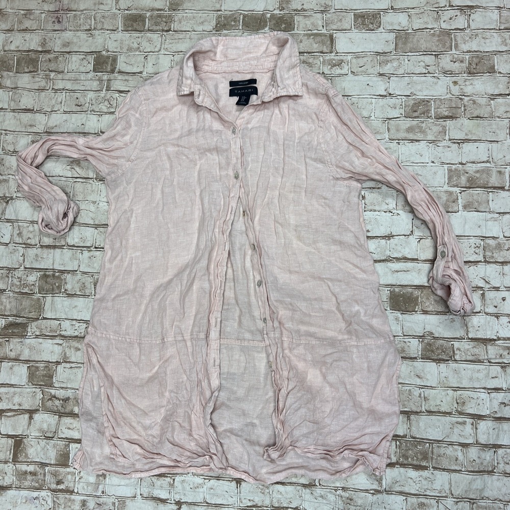 Tahari Tunic M Pink 100% Linen‎ Button Down Roll Tab Sleeve  Lagenlook
